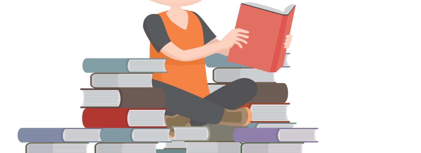 a cartoon child with many books