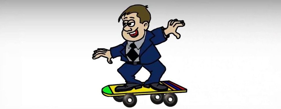 a cartoon of a man in a suit riding a skateboard