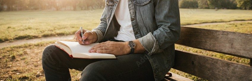 man sitting on a bench outdoors, writing.