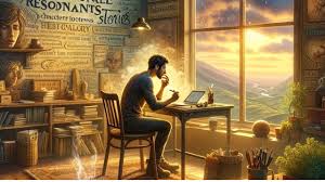 A cartoon image of a writer sitting at a desk with a laptop, many books scattered around, the room, he is gazing out the window, thinking.